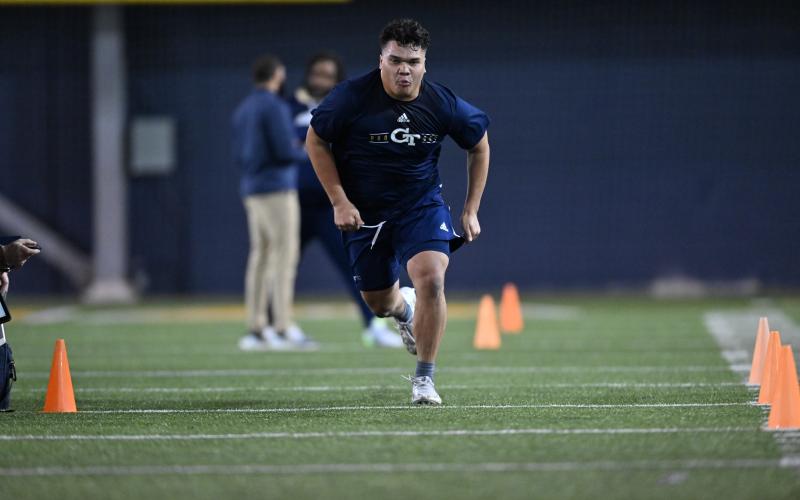 Former Hart County and Georgia Tech offensive lineman Will Lay running the 40-yard dash as he competed in Georgia Tech’s Pro Day on March 16 in front of all 32 NFL team scouts. (Photo by Danny Karnik/Georgia Tech Athletics)