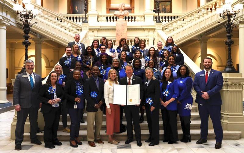 Gov. Brian Kemp recognized April as National Child Abuse Prevention Month with a proclamation. Representatives from PCA Georgia, the Georgia Division of Family and Children Services, the Georgia Essentials for Childhood initiative, and local PCA Georgia councils gathered for a photo with Gov. Brian Kemp, First Lady Marty Kemp, District 50 Sen. Bo Hatchett, and District 10 Rep. Victor Anderson.