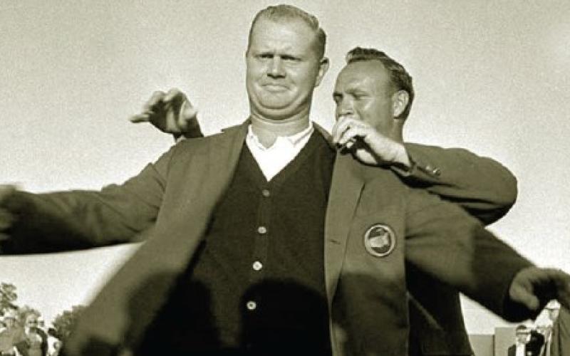 This 1963 Associated Press photo shows Arnold Palmer helping Jack Nicklaus slip into his first of six Masters green jackets. As high school freshmen, Pete Hires and I joined Arnie’s Army to march in the golf gallery at the Augusta National Golf Club. On that Sunday, we watched Palmer, the 1962 winner, award the young Golden Bear his first green jacket—golf’s Holy Grail.