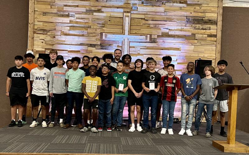 The Hart County Middle School soccer teams capped off their season at the soccer banquet on Monday, April 24. Pictured from left to right is Jonathan Mondragon, Gavin Glover, Alvin Franco, Elijah Thomason, Gavin Thomason, Christian Burroughs, Jael Jaimes, Derrick Campbell, Kian Craft, Powell Chiang, Javier Vazquez, Miguel Sanchez, head coach Mark Cooper, Renee Zetina, Faustino Rangel, Andrew Hicks, Manny Sigala, Carson Hart, Ivan Delgado, Nash Green, Cayson Craft, Christian Fleming, and Jose Mendez.