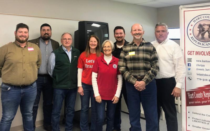Pictured are the newly elected Hart County Republican Party leadership and Board Executives.  Pictured from left to right are Dylan Purcell, First Vice Chairman; Timothy Roberts Jr., newly elected Chairman; Chris NeSmith, former Chairman; Tara Brohm, Third Vice Chairman; Sue Ackerman, Treasurer; Silas Roberts, Vice Chairman of PR; Wallace Rowan, Secretary; and Matt Denton, Second Vice Chairman.