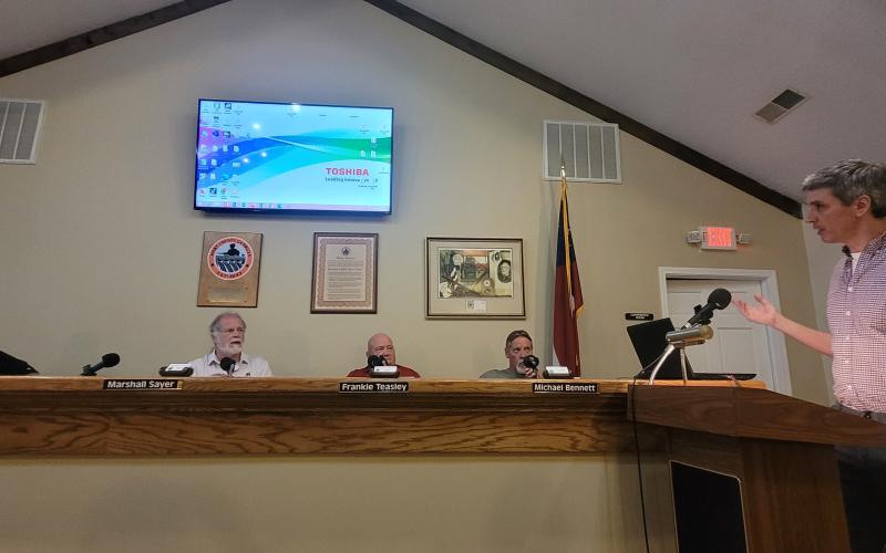 Edward Libershal speaks to Hart County Commissioners about a 56-unit Parkdale Village Proposal at Tuesday’s commission meeting. Commissioners did not take action on a proposed letter of support for the development.