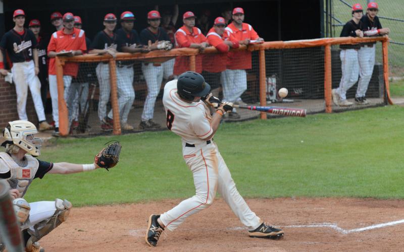 Riley Posey makes contact and gets a base hit in a region match-up versus Stephens County,
