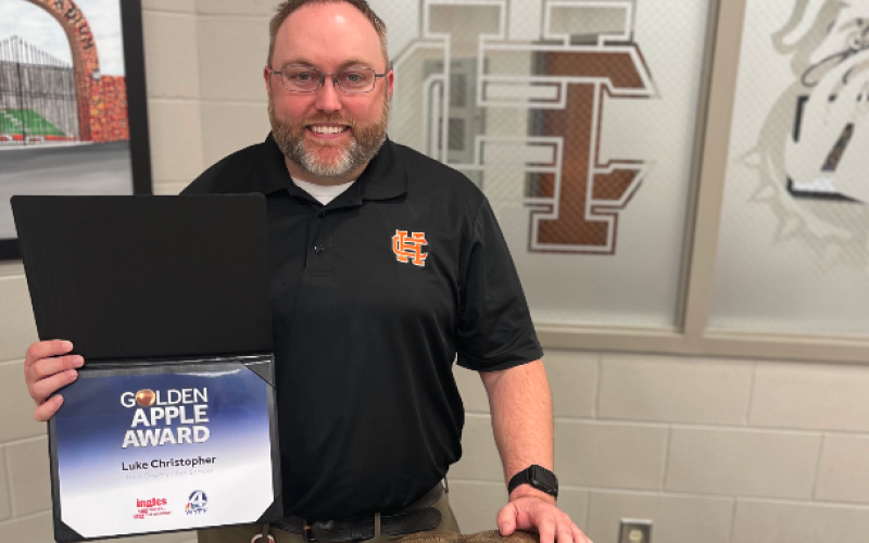 Hart County High School teacher Luke Christopher received the WYFF News 4 Golden Apple Award.