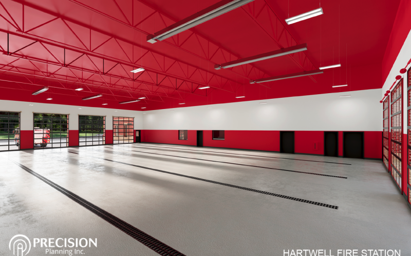 Above, a proposed rendering shows the four bays that will house trucks and equipment in the approved $5.6 million new firehouse for the Hartwell Fire Department.