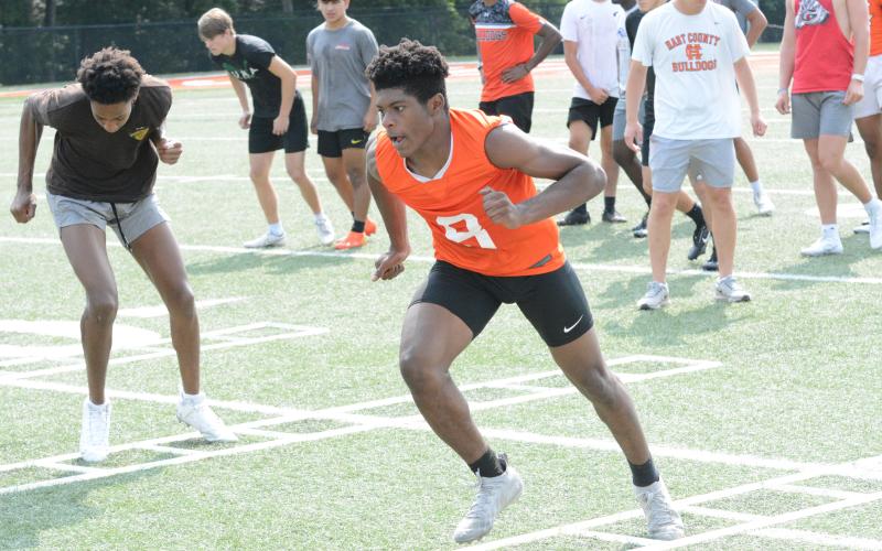 Senior running back and linebacker Jamir Rucker working on foot work.