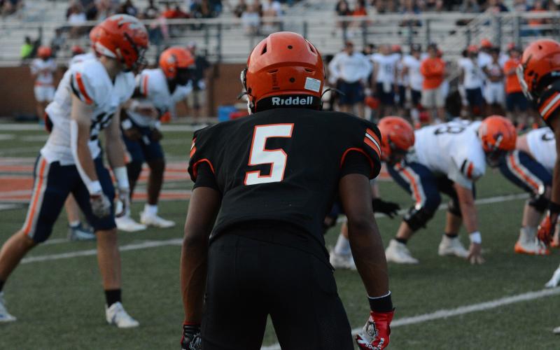 Rising senior quarterback and cornerback Jashon Gaines gets set to cover a receiver in the 2023 spring game on Friday, May 19 against Habersham Central.