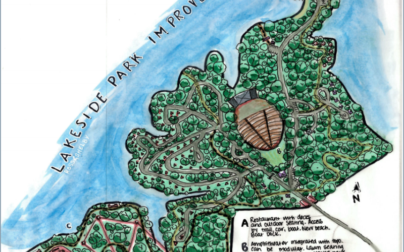 This is a map showing the envisioned changes for Hartwell Lakeside Park, including a restaurant with decks and outdoor seating, access via trail, car or boat, a new beach and boat dock; an amphitheater, lawn seating, a new and improved park entrance and new trails; and a zipline, ropes and trails, a general recreation area and a second entrance to the park and pavilions.