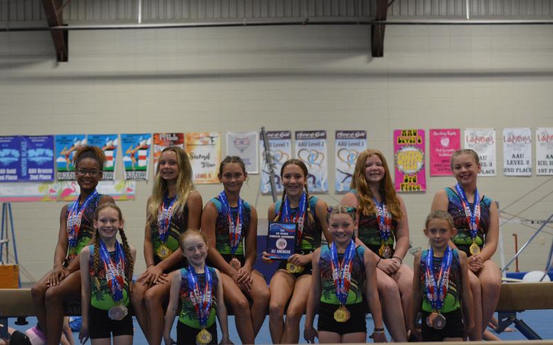 Pictured is the Hartwell Twisters first and second place finishers at the AAU Gymnastics National Championship that was held in Orlando, FL on July 1. First row from left to right: Kennedi Pennington, Tristyn Thompson, Gracen McAdams, and Emma Kale Garland. Second row from left to right is Cheyenne Rucker, Julianne Bond, Maci Dudley, Madalyn Dault, Chastyn Haney, and Charley Lloyd. Not pictured is Adrianna Pennington.