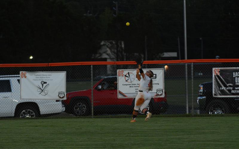 Senior outfielder Alexis Davis catches the final out while also going 3-for-3 from the plate in the 6-3 win over Elbert.