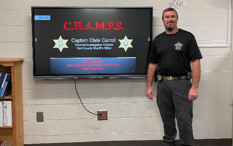 (Photos submitted) Hart County Sheriff’s Office Capt. Chris Carroll began the CHAMPS program at South Hart Elementary School Monday, Aug. 14. The program teachers students about a variety of topics including drugs, alcohol and internet, firearm and water safety.