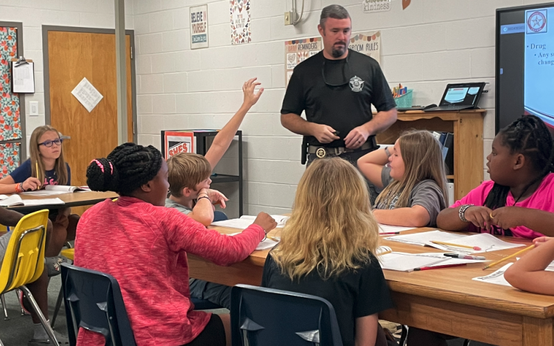 (Photos submitted) Hart County Sheriff’s Office Capt. Chris Carroll began the CHAMPS program at South Hart Elementary School Monday, Aug. 14. The program teachers students about a variety of topics including drugs, alcohol and internet, firearm and water safety.