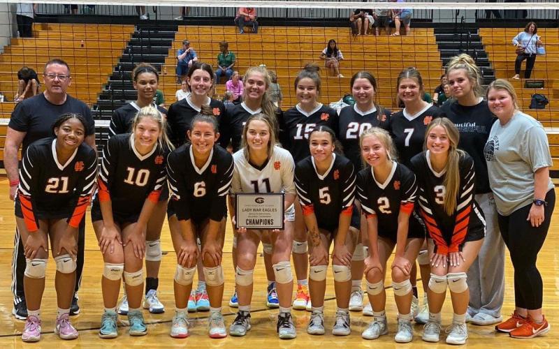 Pictured on the front row from left to right is Takarria Smith, Piper Phillips, Lillie Kate Rogers, Abby Hubbard, Kiera Jester, Hannah Harris, and Mallory Claire Wiggs. Back row is Coach Mike Atkins, Alexis Walker, Ryann Williamson, Dakota Phillips, Olivia Hancock, Peyton Mewborn, Brooke Hubbard, and Coach Kate Beardsley.