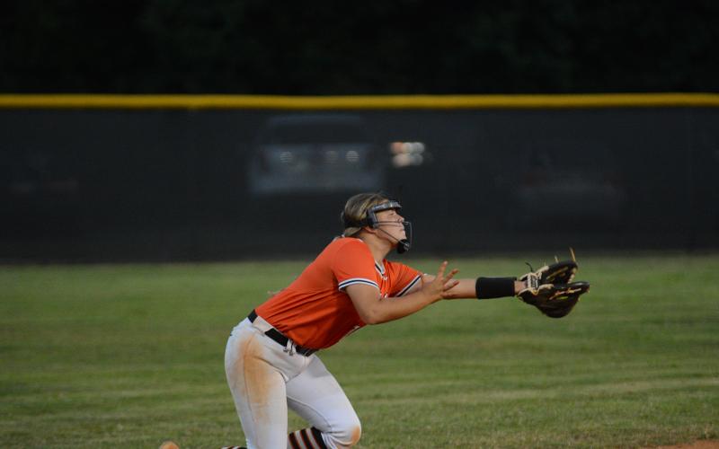 Freshman pitcher/shortstop Chesnee Strickland makes a diving catch in the 13-12 loss on the road against the Lady Purple Hurricanes of Monroe Area Sept. 21.