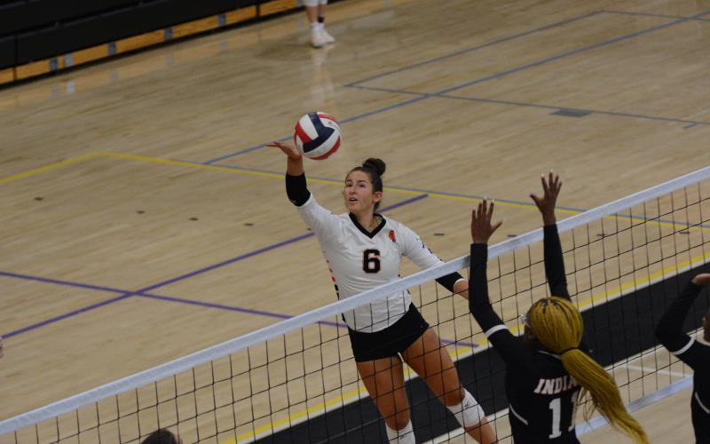 Senior Lillie Kate Rogers (6) goes for the kill in the two set win over Stephens County.
