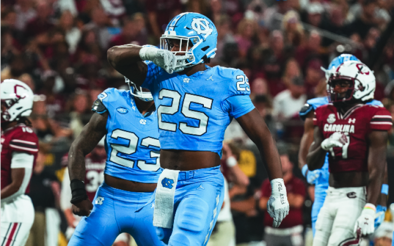 UNC defensive end Kaimon Rucker celebrates after a big time performance in the Tar Heels win over the Gamecocks of South Carolina in the Duke’s Mayo Kickoff game, 31-17. (Photo by the University of North Carolina Athletics)