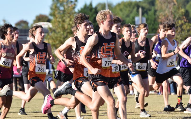 Pictured is the Hart County High School boys cross country game beginning the race at the 2023 Region 8-AAA meet in Bogart Oct. 21. Pictured in HC uniforms from left is Damien Childress (782 tag), Nate Harris, and Will Bell (777 tag).