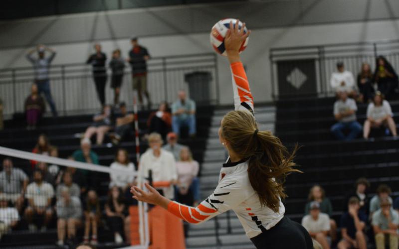 Senior Dakota Phillips goes for the kill in the thrilling four set win over North Oconee, (25-23), (25-14), (20-25), and (26-24).