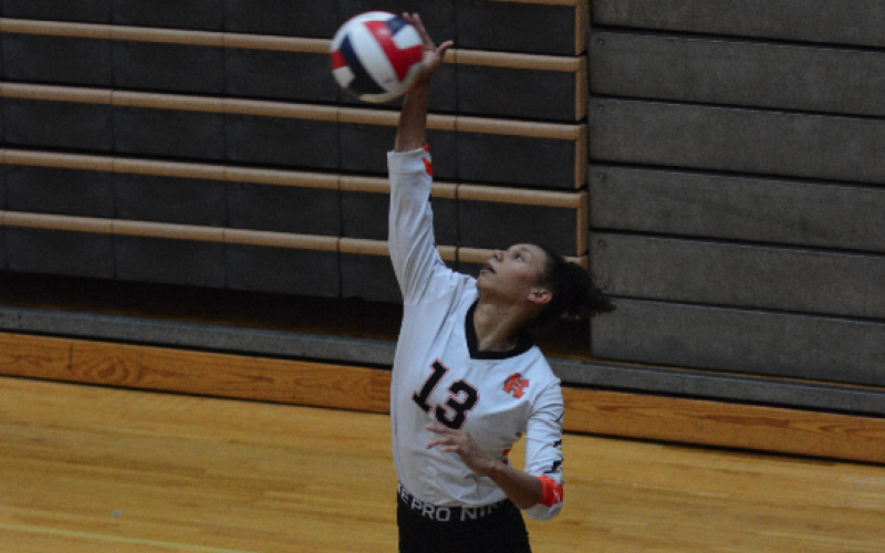 Senior Alexis Walker serves the ball into play during a five set loss to Hebron Christian in the second round of the region tournament Oct. 14 at Oconee County High School.