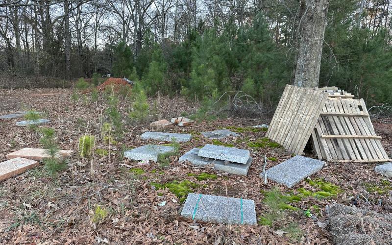 Pieces of blank gravestones litter Nancy Hart Memorial Park