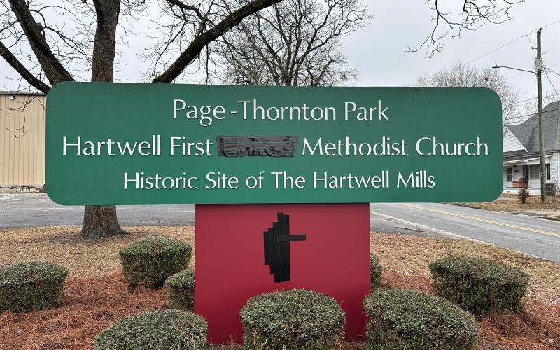 Signage at Hartwell’s First Methodist Church reflects the congregation’s disaffiliation with the United Methodist Church