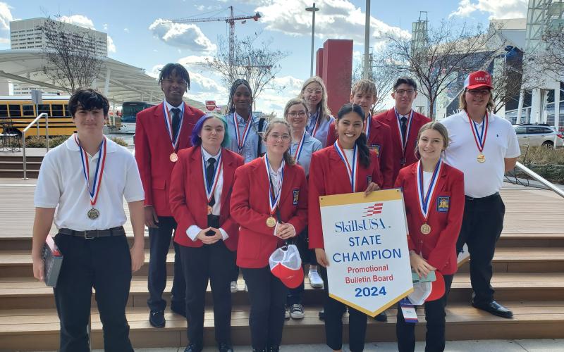 The Hart County High School SkillsUSA members who competed and earned medals at the 2024 SkillsUSA Georgia Leadership and Skills Conference in Atlanta. Pictured from left to right: Front row, Jimmy Reynolds, Phoenix Daigneault, Emily Reno, Lyzsania Badillo, Destiney Hamby, back row, Avian Heard, Terriah Bush, Bella Chapman, Lexi VanMeter, Nathan Krenzer, Ely Risner, and Gabe Hill.