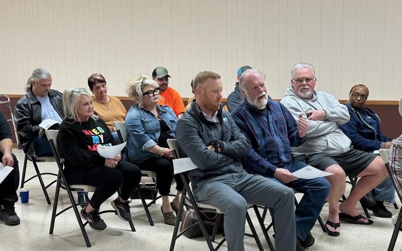 Hart County Commissioners Jeff Brown and Marshall Sayer speak before the Bowersville Town Council Feb. 15.