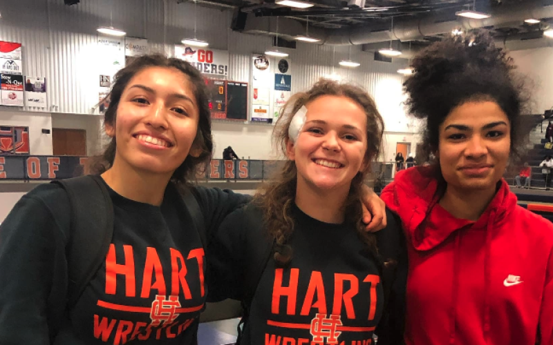 Pictured from left is Gelsey Aguilar who placed fifth, and Kailyn Bowers and Kori Sims who both placed seventh.