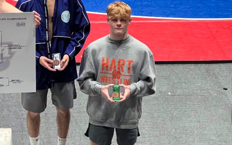 Junior Mat Dog Harrison Krause on the podium with his fifth place medal at the state meet in Macon on Feb. 15-17.