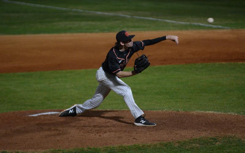 Pictured is senior pitcher Will Pittman as he went four innings with only one hit, one run, and had four strikeouts in the 2-1 win in the home opener against the Red Raiders of Madison County on Feb. 16.