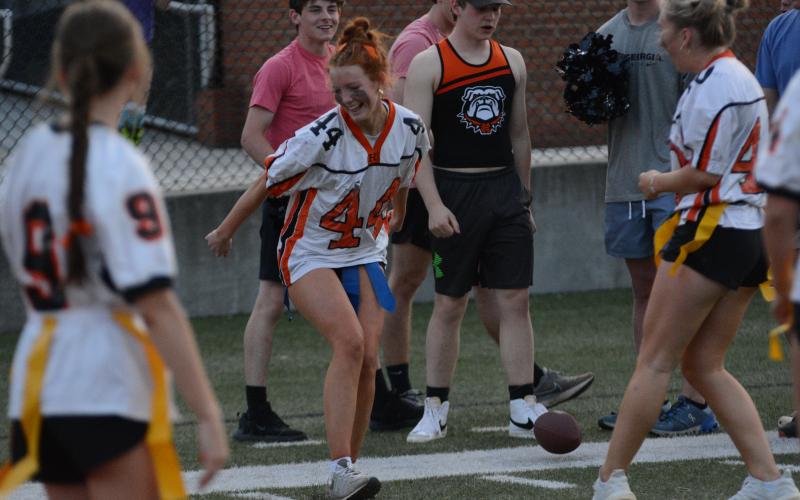 Channing Segars (44) celebrates after scoring the lone touchdown for the Juniors.