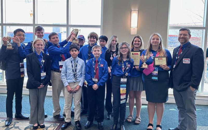 HCMS TSA - Pictured are the HCMS TSA members, from left to right. Kennedy Luong, Kenzie McDuffie, Henley Skelton, Case Cothran, Steve Franco, Jyrese Quillian, Garrett Ray, Connor Lewis, Johnson Dang, Amelia Robertson, Zoe Brown, Evie McCurley, Karlee Gaines, and advisor Joshua McCurley.