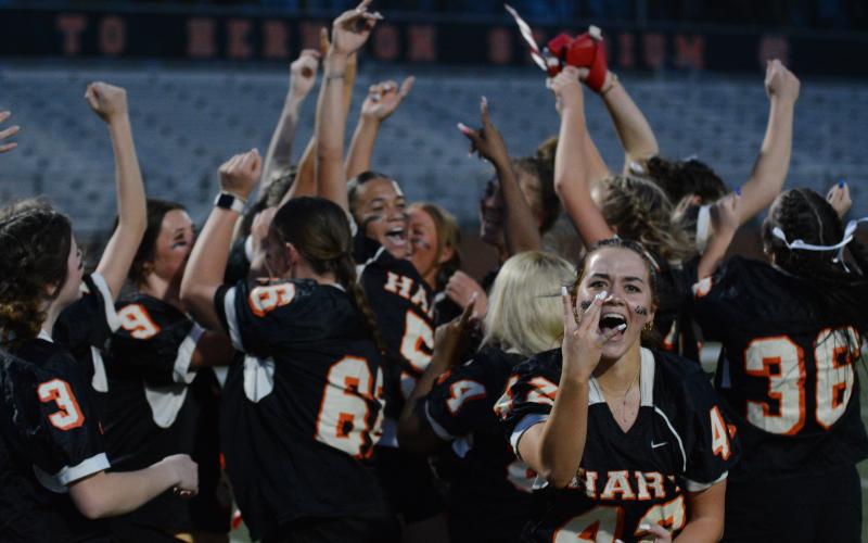 The Seniors celebrate after a big 28-7 win over the Juniors in the 2024 Powderpuff game on March 21 in Herndon Stadium.