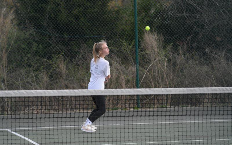 Pictured is Hannah Harris as her and Aubrey Alewine picked up the 6-0, 6-1 win at No. 1 doubles in the 4-1 win over the Lady Lions of Franklin County on March 27 in Carnesville.