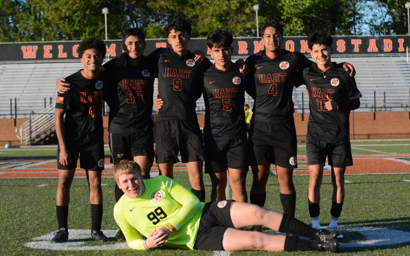 Pictured is the boys soccer senior class. On the front row is goalkeeper Ayden Thomason. On the back row from left is forward Ca’Marion Marshall, midfielder Marvin Barrientos, defender Alexander Pantoja-Linares, forward Axsel Fajardo, midfielder Fabian Rodriguez Escobedo, and forward Luis Genchi at senior night against Washington-Wilkes on April 12.