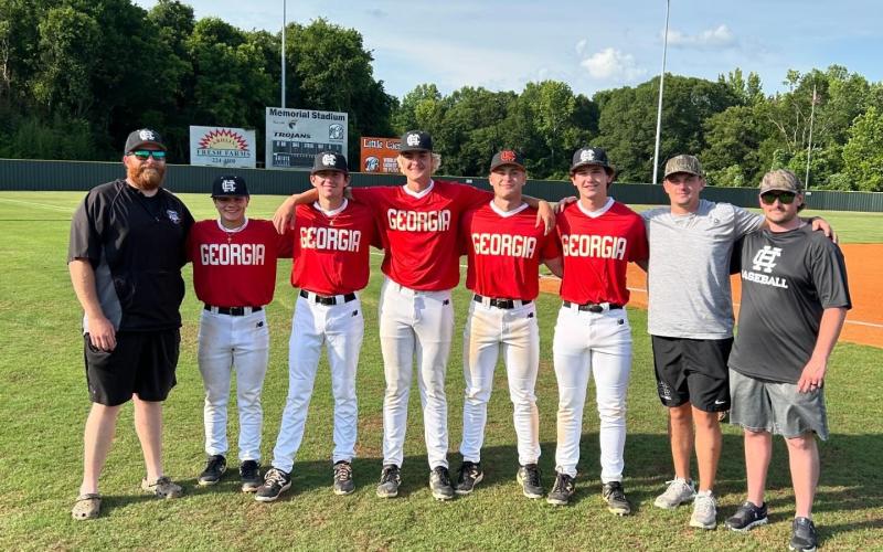 Pictured is the Hart County High School Diamond Dogs that were represented at the 2024 FCA Baseball Classic at Anderson Memorial Stadium on May 23. From left is assistant coach Leeland Jones, Hunter King, Will Pittman, Brent Franklin, Kanyon Coulter, Zach Dombrowsky, head coach Hunter Barton, and assistant coach Brett Carey.