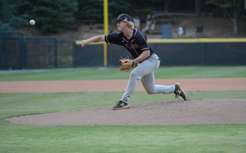 Pictured is senior pitcher and shortstop Zach Dombrowsky as he pitched five and a third innings in game two while also going 3-for-6 from the plate in the series.