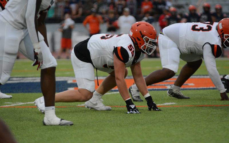 Junior Hunter Dutton lines up on the defensive line and awaits the snap during the 2024 Spring Game on May 17.