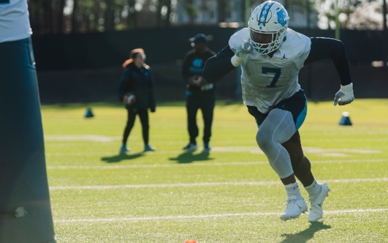 UNC defensive end Kaimon Rucker gearing up for his final season with the Tar Heels at a spring practice.