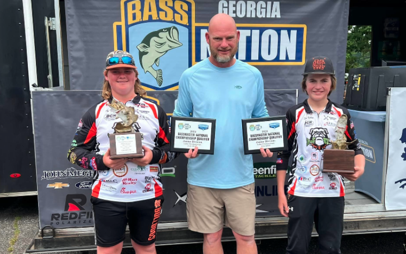 Pictured from left is Kale Temple, boat captain Isaac Temple, and Easton Kelly as they captured the 2024 Georgia BASS Nation Junior Division State Championship on June 1.