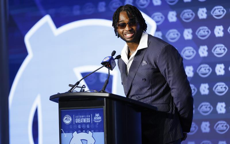 Pictured is former Hart County and current UNC defensive end Kaimon Rucker speaking at ACC Kickoff on July 18. Photo by the Atlantic Coast Conference.