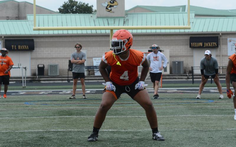 Senior linebacker DJ Groves awaits the snap during a Team versus Team at T.L. Hanna High School back on June 17, as he looks to be an impact player for the Dogs’ defense in 2024.