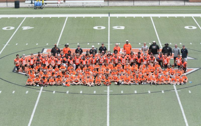 Pictured is all of the campers, high school players and coaches at the annual Little Bulldogs Kids Football Camp July 19.