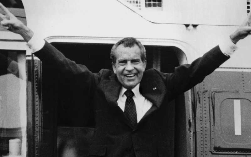 Our 37th president Richard Nixon waving goodbye to Washington, D.C. on August 8, 1974, the day he was forced to resign due to the Watergate scandal.