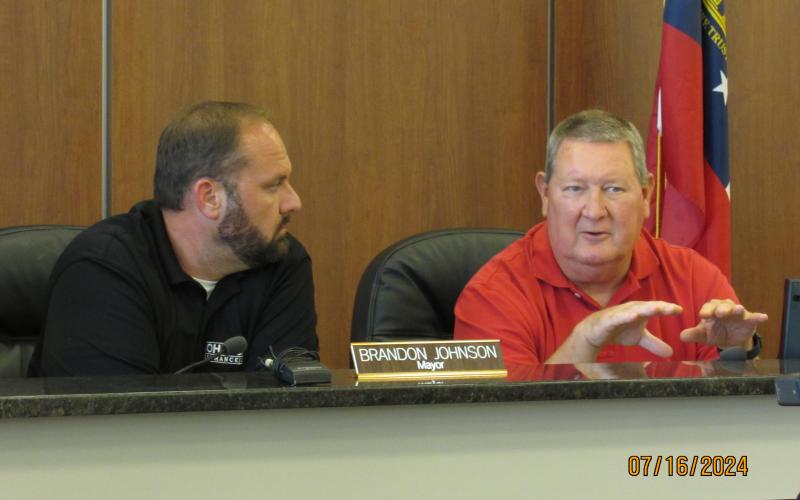 Hartwell mayor Brandon Johnson (left) and councilman Mike McNabb discuss T-SPLOST during a joint meeting June 16.