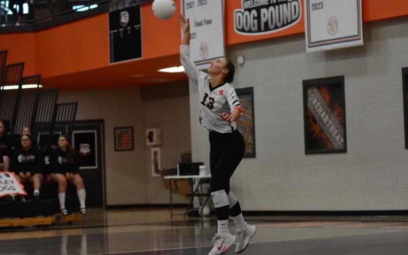Junior Ashlyn Wicker serves in the 3-1 loss to Oglethorpe.