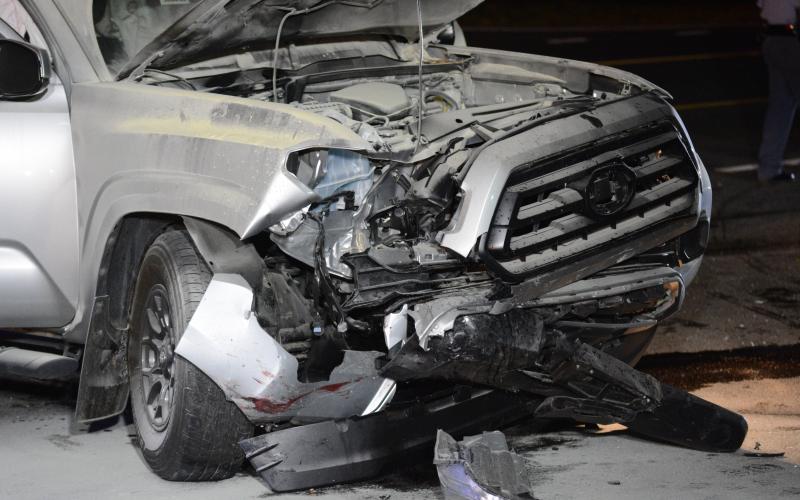 The wreckage of a 2022 Toyota Tacoma following an accident on Reed Creek Hwy. Aug. 15 that sent three people to the hospital.