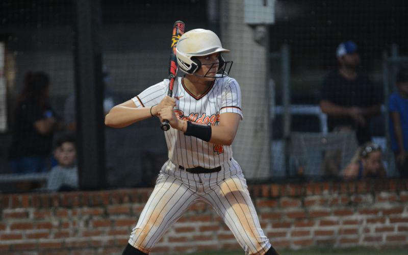 Junior third baseman Madi Bennett awaits the pitch in the 10-0 run-ruled loss against Banks County on Aug. 13.