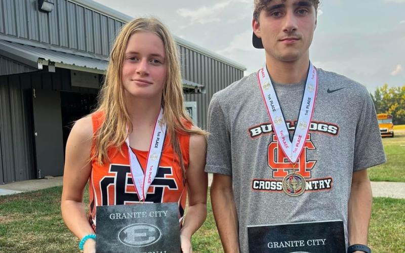 Isla Bell (left) and Nate Harris (right) both placed first overall in the girls and boys race at the Granite City Invitational.