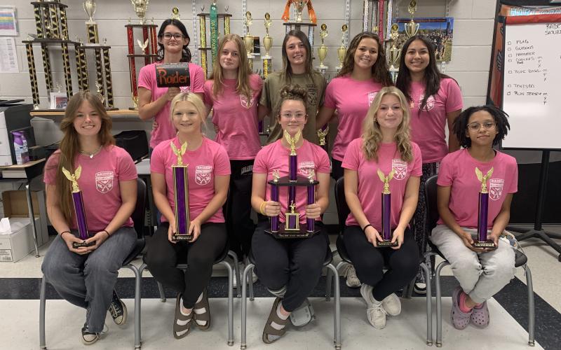 Pictured is the 2024 Hart County High School JROTC Lady Raiders team. Front row from left is Jasmine Hatley, Samantha Wilson, Aubrie Miyares, Abbie Tallent, and Alexia Murray. Back row from left is Ava Karasek, Isla Bell, Emma Holmes, Kailyn Bowers, and Melina Sanchez Garcia.